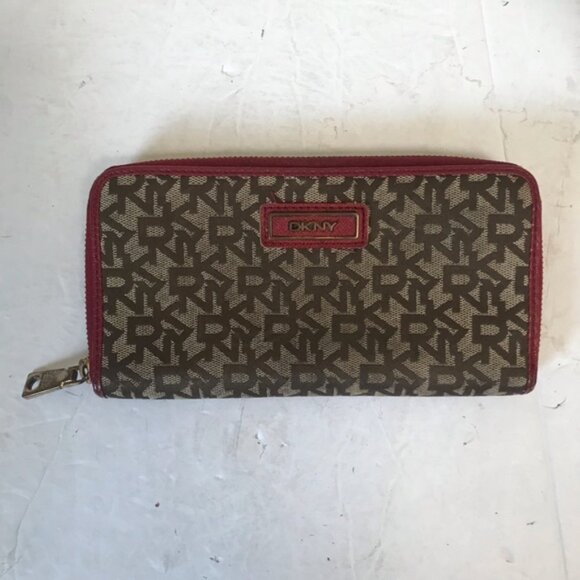 DKNY Canvas Leather Monogram Zippy Zip Around Organizer Wallet Clutch Card Case - Picture 8 of 16